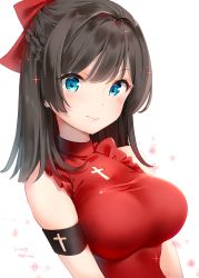 Rule 34 | 1girl, armband, bare shoulders, blue eyes, blush, bow, braid, breasts, brown hair, closed mouth, commentary request, copyright request, cross, dress, french braid, hair bow, hair intakes, highres, kinako (shiratama mochi), large breasts, latin cross, looking at viewer, medium hair, red bow, red dress, smile, solo, sparkle, twitter username, upper body