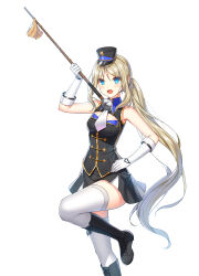 Rule 34 | 1girl, :d, alternate hair color, band uniform, bare shoulders, black hat, black jacket, black skirt, blonde hair, blue eyes, boots, breasts, buttons, cleavage cutout, closers, clothing cutout, collared jacket, cross-laced footwear, double-breasted, drum major, fold-over gloves, foot out of frame, gloves, hand on own hip, hand up, hat, highres, holding baton, jacket, knee boots, lace-up boots, leg up, long hair, looking at viewer, marching band, marching band baton, medium breasts, mini shako cap, miniskirt, necktie, official art, open mouth, parted bangs, pleated skirt, ponytail, seulbi lee, shako cap, sidelocks, skirt, sleeveless, sleeveless jacket, smile, solo, standing, standing on one leg, thighhighs, uniform, very long hair, white background, white footwear, white gloves, white necktie, white thighhighs, wing collar, zettai ryouiki
