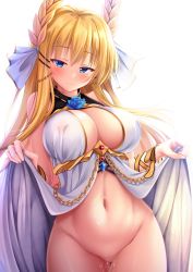 Rule 34 | 1girl, azur lane, bare shoulders, blonde hair, blue eyes, blue flower, blue rose, blush, bottomless, breasts, cleavage, closed mouth, clothes lift, covered erect nipples, dress, dress lift, flower, gem, groin, hair ornament, hair ribbon, half-closed eyes, head tilt, highres, hukairi botan, large breasts, laurel crown, lifted by self, long hair, looking at viewer, navel, pussy juice, ribbon, rose, sidelocks, simple background, sleeveless, solo, stomach, thighs, tsurime, underbust, veil, very long hair, victorious (azur lane), white background, white dress, wrist ribbon