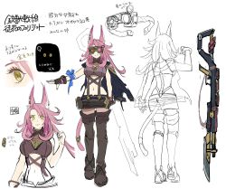 Rule 34 | animal ears, anonymous (yu-gi-oh!), artist request, bayonet, boots, breasts, cat tail, character sheet, fingerless gloves, full body, gloves, goggles, hand up, highres, large breasts, long hair, lynx ears, midriff, navel, official art, pink hair, production art, skirt, smile, suspender skirt, suspenders, tail, thigh boots, translation request, weapon, yellow eyes, yu-gi-oh!
