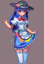 Rule 34 | 1girl, adapted costume, black hat, blue hair, blue skirt, blush, bow, brown background, center frills, clenched hand, commentary, cowboy shot, frilled skirt, frills, garter straps, hair over shoulder, hand up, hat, hinanawi tenshi, long hair, looking at viewer, miniskirt, peach hat ornament, pixel art, potemki11, puffy short sleeves, puffy sleeves, red bow, red eyes, shirt, short sleeves, simple background, skirt, skirt hold, solo, standing, thighhighs, touhou, white bow, white shirt, white thighhighs, zettai ryouiki