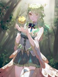 Rule 34 | 1girl, absurdres, antlers, apple, blue ribbon, braid, braided bangs, branch, breasts, brooch, ceres fauna, cleavage, flower, food, forest, fruit, golden apple, green flower, green hair, green nails, green rose, hair over one eye, highres, hololive, hololive english, horns, jewelry, looking at viewer, medium breasts, nail polish, nature, parted lips, ribbon, rose, seizou hidzuke, single braid, single thighhigh, solo, thighhighs, virtual youtuber, wide sleeves, yellow eyes, zettai ryouiki