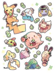 Rule 34 | :d, :o, ^ ^, animal focus, antennae, beak, bird, blue skin, bow, bowtie, brown fur, chansey, chinchou, closed eyes, clover, colored skin, commentary request, creatures (company), ditto, eevee, egg, facial mark, floating, flower in mouth, four-leaf clover, game freak, gen 1 pokemon, gen 2 pokemon, gen 3 pokemon, green skin, hanabusaoekaki, hat, highres, jirachi, leaf, legendary pokemon, mythical pokemon, natu, nintendo, no humans, oddish, open mouth, pikachu, pink skin, pokemon, pokemon (creature), purple skin, red bow, red bowtie, sentret, sleeping, smile, solid oval eyes, star-shaped pupils, star (symbol), symbol-shaped pupils, tail, top hat, white background, white skin, wooper, yellow skin