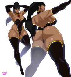 Rule 34 | 1girl, absurdres, ass, back, backless leotard, black eyes, black hair, boots, breasts, choker, cleavage, covered erect nipples, cyberboi, dark skin, dc comics, earrings, elbow gloves, fingerless gloves, from behind, from below, gloves, high heel boots, high heels, highleg, highleg leotard, highres, jewelry, large breasts, leotard, lipstick, long hair, makeup, ponytail, strapless, strapless leotard, superwoman, thick thighs, thigh boots, thighhighs, thighs, thong leotard