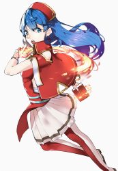 Rule 34 | 1girl, attack, blue eyes, blue hair, book, fire, fire emblem, fire emblem: the binding blade, fire emblem heroes, highres, lilina (fire emblem), looking back, magical girl, nintendo, red footwear, thighhighs, tpicm, white background, wizard