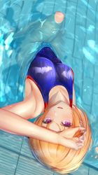Rule 34 | 1girl, arm on own head, armpits, blonde hair, blue one-piece swimsuit, blush, breasts, character request, collarbone, commentary request, competition swimsuit, copyright request, highres, in water, looking at viewer, medium breasts, one-piece swimsuit, open mouth, pool, purple eyes, short hair, solo, sunvinegar, swimsuit, upside-down, water, wet, wet hair