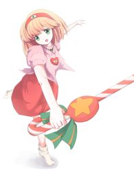 Rule 34 | 00s, 1girl, bad perspective, blonde hair, candy, candy cane, dai mahou touge, dancing, dress, food, full body, gerukazai, green eyes, hairband, heart, jewelry, necklace, poorly drawn, short hair, smile, socks, solo, tanaka punie, white socks