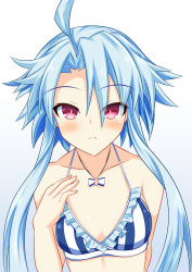 Rule 34 | 1girl, bare shoulders, bikini, blue hair, blush, breasts, choujigen game neptune the animation, cleavage, frilled bikini, frills, frown, hair between eyes, hand up, highres, kyou (hibikit), looking at viewer, neptune (series), power symbol, power symbol-shaped pupils, red eyes, sidelocks, small breasts, solo, striped bikini, striped clothes, swimsuit, symbol-shaped pupils, upper body, vertical-striped bikini, vertical-striped clothes, white heart (neptunia)