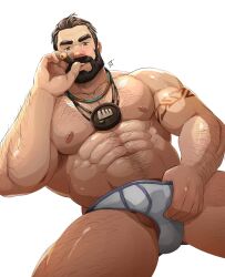 Rule 34 | 1boy, abs, arm hair, arm tattoo, bara, beard, black hair, bulge, chest hair, cigar, facial hair, graves (league of legends), hair slicked back, hairy, highres, jewelry, jojiart, large pectorals, league of legends, leg hair, looking at viewer, lying, male focus, male underwear, male underwear pull, mature male, muscular, muscular male, navel, navel hair, necklace, nipples, on back, pectorals, seductive smile, shiny skin, short hair, smile, smoking, solo, spread legs, stomach, strongman waist, tattoo, testicle peek, thick eyebrows, thick thighs, thighs, topless male, underwear, v-shaped eyebrows, white male underwear