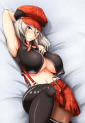 Rule 34 | 10s, 1girl, alisa ilinichina amiella, armpits, bed, black footwear, black pantyhose, blue eyes, bol (liliymimi), boots, breasts, brown hair, female focus, god eater, hat, large breasts, long hair, looking at viewer, lying, navel, on back, pantyhose, plaid, plaid skirt, skirt, solo, suspender skirt, suspenders, thigh boots, thighhighs, underboob