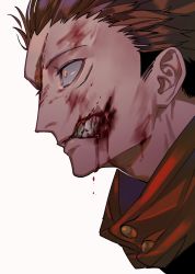 Rule 34 | 1boy, bleeding, blood, blood on face, buttons, closed mouth, glasgow smile, guro, hair slicked back, high collar, highres, injury, itadori yuuji, jujutsu kaisen, looking to the side, male focus, multicolored hair, pink hair, portrait, profile, scar, scar on face, serious, short hair, simple background, solo, teeth, tenobe, two-tone hair, undercut, white background, wide-eyed, yellow eyes