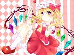 Rule 34 | 1girl, absurdres, argyle, argyle background, argyle clothes, ascot, blonde hair, blush, bow, closed mouth, flandre scarlet, food, fork, frown, fruit, hair between eyes, hand on own cheek, hand on own face, hat, highres, holding, holding fork, karasusou nano, looking at viewer, multicolored eyes, red bow, red footwear, red skirt, shoes, short sleeves, side ponytail, skirt, skirt set, socks, solo, strawberry, striped, striped background, touhou, white hat, white socks