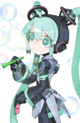 Rule 34 | 1girl, absurdres, ahoge, android, aqua eyes, aqua hair, aqua necktie, bare shoulders, black sleeves, blowing bubbles, blurry, blurry foreground, bright pupils, bubble pipe, cable hair, character name, cheri zao, cowboy shot, detached sleeves, from side, hatsune miku, highres, holding, joints, long hair, looking at viewer, mechanical parts, miniskirt, necktie, robot girl, robot joints, see-through, see-through skirt, see-through sleeves, shadow, shirt, simple background, skirt, sleeveless, sleeveless shirt, soap bubbles, solo, standing, very long hair, vocaloid, white background, white pupils