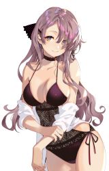 Rule 34 | 1girl, arutera, bad id, bad pixiv id, bare shoulders, black choker, black ribbon, breasts, brown eyes, brown hair, choker, cleavage, closed mouth, collarbone, commentary request, cowboy shot, earrings, hair ribbon, head tilt, highres, jewelry, large breasts, long hair, looking at viewer, off shoulder, one-piece swimsuit, open clothes, open shirt, original, polka dot, ribbon, shirt, sidelocks, simple background, smile, solo, standing, swimsuit, thighs, wavy hair, white background, white shirt