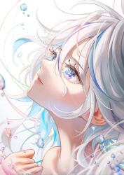Rule 34 | 1girl, absurdres, blue hair, collarbone, drop-shaped pupils, film grain, floating hair, from side, furina (genshin impact), genshin impact, grey hair, hair between eyes, heterochromia, highres, kns hanazuna, lips, looking up, mismatched pupils, multicolored hair, parted lips, portrait, short hair, sidelocks, solo, streaked hair, symbol-shaped pupils, tearing up, tears, thick eyebrows, water drop