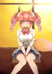 Rule 34 | 10s, 1girl, absurdres, animal ear fluff, animal ears, blush, breasts, fate/extra, fate/extra ccc, fate (series), fox ears, fox tail, hair ribbon, highres, japanese clothes, large breasts, looking at viewer, official alternate costume, pink hair, ribbon, school uniform, sitting, smile, solo, tail, tamamo (fate), tamamo no mae (fate/extra), tamamo no mae (jk) (fate), yellow eyes, yonago miko