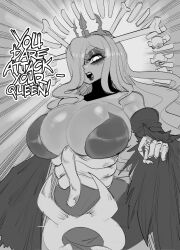 Rule 34 | 1girl, arm at side, breasts, cleavage, crown, detached collar, detached sleeves, dress, english text, eyeshadow, female focus, hair over one eye, hand up, highres, huge breasts, lipstick, long hair, looking at viewer, makeup, mature female, monochrome, open mouth, pov, queen nancy renoir, skullgirls, sleeves past fingers, sleeves past wrists, solo, strapless, strapless dress, teeth, tillshitposting, upper body, upper teeth only