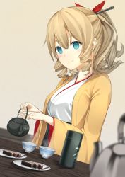 Rule 34 | 10s, 1girl, aqua eyes, blonde hair, blurry, blush, bow, breasts, closed mouth, commentary, cup, depth of field, drill hair, dutch angle, female focus, food, hair between eyes, hair bow, hair ornament, hatakaze (kancolle), highres, hiraba 6018, holding, holding teapot, japanese clothes, kantai collection, kimono, long hair, medium breasts, neck, plate, ponytail, red bow, ringlets, smile, solo, table, teacup, teapot, twin drills, upper body, v-neck, wagashi, wavy hair, white kimono, yellow kimono, youkan (food)