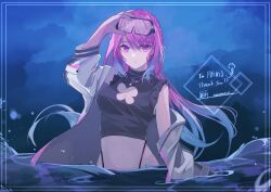 Rule 34 | 1girl, absurdres, black shirt, blue hair, cleavage cutout, clothing cutout, commission, commissioner name, crescent, crop top, goggles, gradient hair, highres, indie virtual youtuber, jacket, jewelry, looking at viewer, midriff, multicolored hair, necklace, ocean, open clothes, open jacket, partially submerged, pink hair, purple eyes, shirt, skeb commission, sleeveless, solo, teizen (niwamaee), virtual youtuber, white jacket