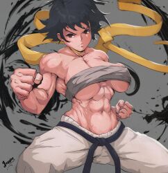 1girl absurdres bare_shoulders breasts capcom chest_sarashi female_focus highres juggler_(sun_juggler) large_breasts looking_at_viewer makoto_(street_fighter) muscular muscular_female navel sarashi scarf short_hair solo street_fighter underboob