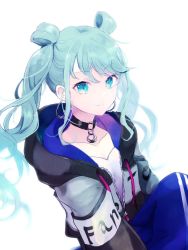 Rule 34 | 1girl, blue eyes, blue hair, blue pants, closed mouth, collarbone, floating hair, hair between eyes, hatsune miku, hood, hood down, long hair, pants, partially unzipped, project sekai, simple background, smile, solo, twintails, vivid bad squad (project sekai), vivid bad squad miku, vocaloid, white background, yukara (loiroio)