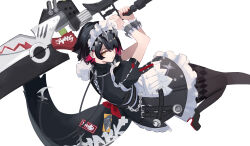 1girl absurdres black_hair chain closed_mouth colored_inner_hair dutch_angle ellen_joe fins fish_tail frilled_wristband hair_ornament high_heels highres hino134 holding holding_weapon looking_at_viewer maid maid_headdress metal_hairband multicolored_hair one_eye_covered pantyhose red_eyes red_hair red_nails shark_girl shark_tail short_hair simple_background solo spiked_headband standing standing_on_one_leg tail thighhighs two-tone_hair weapon white_background zenless_zone_zero