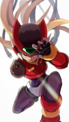 Rule 34 | 1boy, android, arm behind back, armor, black eyes, blonde hair, boots, cable, forehead jewel, long hair, looking at viewer, male focus, mega man (series), mega man zero (series), on one knee, red armor, red footwear, red helmet, restrained, simple background, solo, teto (y3832), white background, zero(z) (mega man), zero (mega man)