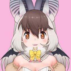 Rule 34 | 1girl, animal costume, animal ear fluff, animal ears, bat wings, bow, bowtie, breasts, brown eyes, brown hair, brown long-eared bat (kemono friends), grey hair, kemono friends, kemono friends v project, large breasts, long hair, looking at viewer, multicolored hair, official art, open mouth, shirt, simple background, smile, solo, virtual youtuber, wings, yoshizaki mine