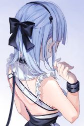 Rule 34 | 1girl, arm up, armpits, azur lane, back, backless dress, backless outfit, blue hair, bow, bracelet, breasts, chigusa minori, commentary request, dido (azur lane), dress, facing away, hair bow, twirling hair, hairband, jewelry, large breasts, looking away, maid, ponytail, short hair, sideboob, solo