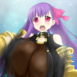 Rule 34 | 10s, 1girl, bouncing breasts, breasts, fate/extra, fate/extra ccc, fate/grand order, fate (series), gigantic breasts, hair ribbon, long hair, motion blur, motion lines, o-ring, o-ring top, open mouth, oro (zetsubou girl), passionlip (fate), pink eyes, pink ribbon, purple hair, ribbon, solo, very long hair