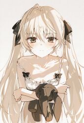 Rule 34 | 1girl, antenna hair, bare arms, bare shoulders, black ribbon, blush, breasts, breasts apart, brown eyes, closed mouth, collarbone, crossed arms, dress, grey background, hair ribbon, kasugano sora, long hair, looking at viewer, ribbon, ribbon-trimmed dress, simple background, small breasts, solo, spaghetti strap, strap slip, stuffed animal, stuffed rabbit, stuffed toy, tokkyu, twintails, very long hair, white hair, yosuga no sora