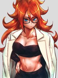 Rule 34 | 1girl, android 21, bandeau, bare shoulders, black-framed eyewear, black nails, black pants, blue eyes, breasts, brown hair, cleavage, closed mouth, coat, collarbone, commentary request, curly hair, detached sleeves, dragon ball, dragon ball fighterz, earrings, expressionless, glasses, grey background, hand on own hip, hoop earrings, jacket, jacket on shoulders, jewelry, kemachiku, lab coat, long hair, looking at viewer, medium breasts, nail polish, navel, pants, solo, very long hair, white coat