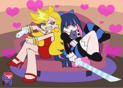Rule 34 | 10s, 2girls, back lace, blonde hair, blue hair, bow, dress, earrings, green eyes, gun, hair bow, heart, high heels, jewelry, legs, long hair, multicolored hair, multiple girls, official style, panty &amp; stocking with garterbelt, panty (psg), red dress, shoes, short dress, skirt, smile, stocking (psg), striped legwear, stripes i &amp; ii, sword, thighhighs, very long hair, weapon