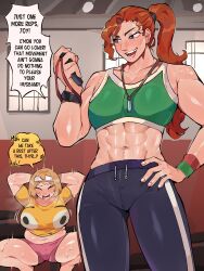 Rule 34 | 2girls, abs, absurdres, arms on head, bare shoulders, black eyes, black pants, blonde hair, blush, breasts, bright pupils, chiyoi (diforland), diforland, english text, freckles, green sports bra, hand on own hip, headband, highres, indoors, large breasts, long hair, medium breasts, motion lines, multiple girls, muscular, muscular female, navel, open mouth, orange hair, original, pants, pink shorts, plump, ponytail, shirt, short hair, short shorts, short sleeves, shorts, speech bubble, sports bra, spread legs, squatting, sweat, teeth, thyramise (diforland), whistle, whistle around neck, white headband, white pupils, yellow shirt