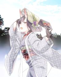 Rule 34 | 1girl, adjusting clothes, adjusting headwear, alternate costume, bag, black gloves, blush, cloud, commentary, fang, fate/grand order, fate (series), floral print, frilled sleeves, frills, gloves, handbag, hat, hinoya, horns, japanese clothes, kimono, obi, open mouth, sash, short hair, shuten douji (fate), skin-covered horns, sky, smile, solo, yellow eyes