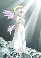 Rule 34 | 1girl, beruu, blunt bangs, breasts, dress, feathered wings, gold collar, gradient background, grey background, grey hair, halo, hands on own chest, highres, hip vent, large breasts, light particles, light rays, light smile, looking ahead, low wings, medium hair, mismatched eyebrows, multicolored eyes, multiple wings, pile of skulls, pink eyes, pink wings, ragna crimson, slit pupils, solo, ultimatia (ragna crimson), white dress, wings, yellow halo