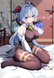 Rule 34 | 1girl, absurdres, ahoge, bare shoulders, bed, bell, black leotard, black pantyhose, blue gloves, blue hair, blush, bodystocking, bodysuit, breasts, covered erect nipples, covered navel, detached sleeves, feet, fengqun, finger to mouth, ganyu (genshin impact), genshin impact, gloves, gold trim, highres, horns, indoors, large breasts, leotard, leotard under clothes, long hair, looking at viewer, low ponytail, neck bell, no shoes, pantyhose, purple eyes, sidelocks, sitting, smile, solo, thighlet, thighs, unworn clothes, vision (genshin impact), wariza, white sleeves