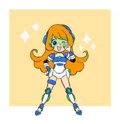 Rule 34 | 1girl, arm warmers, armor, blue armor, blue eyes, blue footwear, blue headwear, boots, breastplate, commentary, commission, cutie-png, elbow pads, english commentary, formal, full body, gloves, hand on own face, hand on own hip, headphones, long hair, mecha, mona (warioware), nintendo, official alternate costume, one eye closed, open mouth, orange hair, robot, short sleeves, smile, sparkle, suit, thigh strap, two-tone footwear, v, warioware, white footwear, white gloves, white suit, yellow background