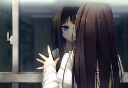 Rule 34 | 1girl, absurdres, ayase sayuki, back, blue eyes, brown hair, glass, hand on window, highres, indoors, kantoku, long hair, looking outside, rain, reflection, solo, window, your diary
