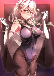 Rule 34 | 1girl, absurdres, black leotard, black pantyhose, blonde hair, blush, braid, breasts, brown eyes, cape, closed mouth, cowboy shot, elbow gloves, faye (fire emblem), fire emblem, fire emblem echoes: shadows of valentia, gloves, hair between eyes, highres, large breasts, leotard, long hair, looking at viewer, nintendo, pantyhose, smile, solo, steaming body, sweat, to (tototo tk), twin braids, white gloves