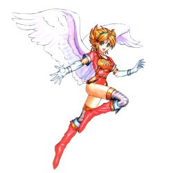 Rule 34 | 1girl, :d, angel wings, armor, blonde hair, boots, breath of fire, breath of fire i, capcom, elbow gloves, gloves, green eyes, hairband, knee boots, leotard, nina (breath of fire i), official art, open mouth, red leotard, short hair, smile, solo, thighhighs, thighs, white wings, wings, yoshikawa tatsuya
