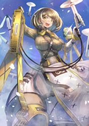 Rule 34 | 1girl, :d, arknights, arm up, bird mask, blue sky, bracelet, breasts, brown hair, brown sweater, buckle, cable, commentary request, day, drone, earrings, from below, glint, gloves, highres, holding, jewelry, charm (object), large breasts, long sleeves, looking at viewer, magallan (arknights), magallan (elite ii) (arknights), mask, mask around neck, medium hair, motion blur, multicolored hair, ohako (ohako1818), open mouth, outdoors, rhine lab logo, ribbed sweater, sky, smile, snow, solo, standing, streaked hair, sweater, taut clothes, theodolite, white gloves, white hair, yellow eyes