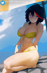 Rule 34 | 1girl, arm behind back, atric18, bikini, black hair, blue eyes, blue sky, blush, breasts, closed mouth, cloud, collarbone, commentary, day, front-tie bikini top, front-tie top, hair between eyes, halterneck, halterneck, highres, kill la kill, large breasts, looking at viewer, matoi ryuuko, multicolored hair, navel, outdoors, red hair, short hair, sitting, sky, solo, strapless, streaked hair, swimsuit, thighs, twitter logo, twitter username, two-tone hair, watermark, web address, wet, yellow bikini