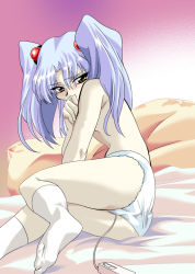 Rule 34 | 1girl, bed, biting, blue hair, blush, breasts, brown eyes, female focus, female masturbation, finger biting, hair bobbles, hair ornament, hoshino ruri, kidou senkan nadesico, lace, lace-trimmed panties, lace trim, lying, masturbation, on side, panties, panties only, pillow, reclining, sex toy, small breasts, socks, solo, topless, twintails, underwear, underwear only, vibrator, vibrator under clothes, vibrator under panties, wet, wet clothes, wet panties, white panties