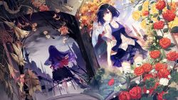 2girls back bad_link benghuai_xueyuan black_dress blue_eyes blue_hair blue_skirt blue_sky blue_vest bob_cut character_request city closed_mouth dress drill_hair flower grey_sky highres honkai_(series) honkai_impact_3rd multiple_girls official_art outdoors red_flower red_rose rose seele_vollerei seele_vollerei_(azure_memories) seele_vollerei_(swallowtail_phantasm) shirt short_hair short_sleeves skirt sky tattoo thighhighs twin_drills veil vest white_legwear white_shirt withered yellow_flower yellow_rose