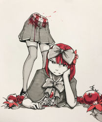 Rule 34 | 1girl, absurdres, ambiguous red liquid, bisected, bleeding, blood, blood on clothes, bow, closed mouth, disembodied torso, flower, food, fruit, greyscale, guro, hair bow, hair flower, hair ornament, highres, medium hair, monochrome, original, pomegranate, punica gramatum (zeniyan), red flower, red hair, skirt, solo, spot color, standing, thighhighs, zeniyan