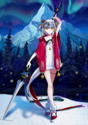 Rule 34 | 1girl, absurdres, ahoge, arm up, aurora, closed mouth, collarbone, dress, fate/grand order, fate (series), floating hair, forest, frown, full body, highres, holding, holding spear, holding weapon, hood, hood down, jeanne d&#039;arc (fate), jeanne d&#039;arc alter santa lily (fate), kaede (shijie heping), long hair, looking at viewer, mountain, nature, night, outdoors, polearm, red footwear, red ribbon, ribbon, river, short dress, silver hair, sky, snow, solo, spear, standing, star (sky), starry sky, strapless, strapless dress, thigh strap, very long hair, weapon, white dress, white legwear, yellow eyes