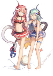 Rule 34 | 2girls, :d, absurdres, ball, bare shoulders, barefoot, beachball, bikini, bkyuuc, blue bikini, blue eyes, blue hair, closed eyes, crab, frilled bikini, frills, full body, hair between eyes, hair ornament, highres, holding another&#039;s arm, honkai (series), honkai impact 3rd, horns, liliya olenyeva, long hair, looking at viewer, multiple girls, navel, open mouth, pink hair, red bikini, rozaliya olenyeva, siblings, simple background, single horn, sisters, smile, soles, standing, standing on one leg, swimsuit, tail, toes, twins, walking, water, white background