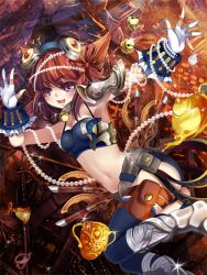 Rule 34 | 1girl, aurora rokudo, bell, blue thighhighs, breasts, chalice, cup, fingerless gloves, gloves, jingle bell, medium breasts, midriff, navel, oil lamp, original, pink eyes, pirate, red hair, solo, thigh strap, thighhighs, white gloves