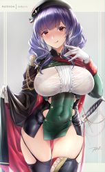 Rule 34 | 1girl, :q, aiguillette, artist name, azur lane, beret, black thighhighs, blue hair, blush, bra, bra visible through clothes, breasts, cape, cape lift, center frills, covered navel, dress, epaulettes, framed breasts, frills, garter straps, gloves, hat, lace, lace-trimmed bra, lace trim, large breasts, long hair, looking at viewer, pola (azur lane), red cape, red eyes, rei kun, saber (weapon), signature, skindentation, smile, solo, sword, taut clothes, taut dress, thighhighs, tongue, tongue out, two-tone cape, underwear, weapon, white gloves